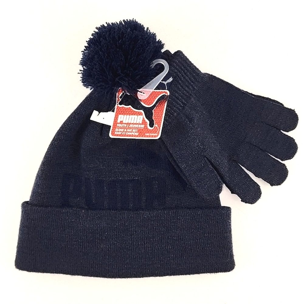 PUMA Youth Knit Navy Blue Hat & Gloves Matching Set OS